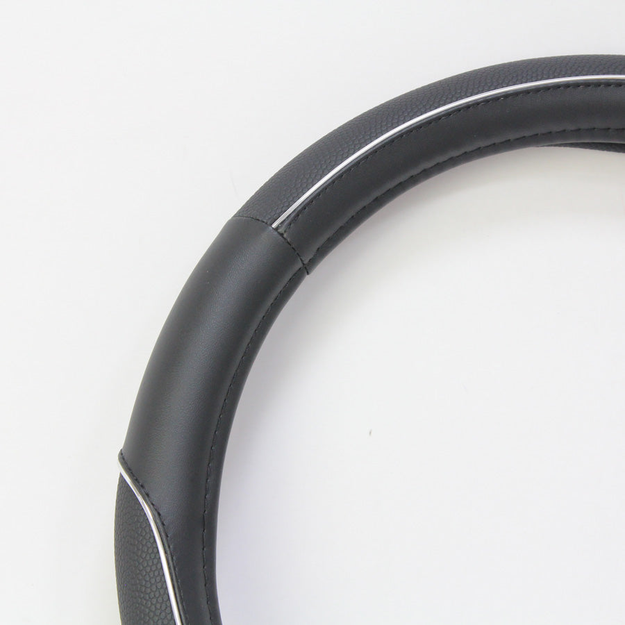STEERING WHEEL COVER - BLACK W/SILVER PIPING (L)