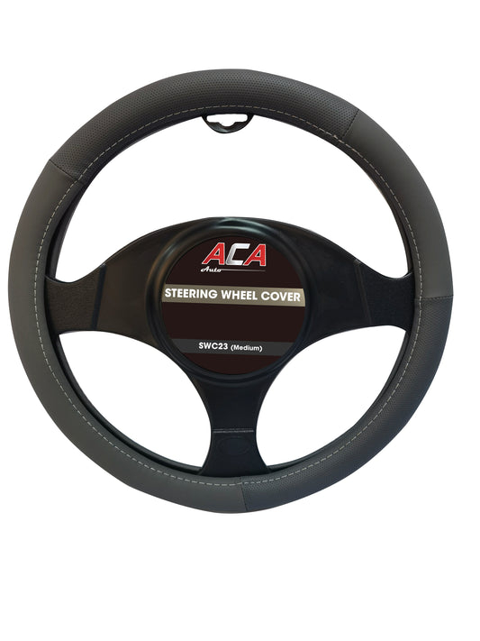 STEERING WHEEL COVER -  GREY W/WHITE STITCH (M)