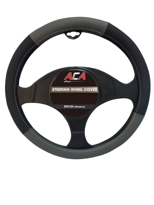 STEERING WHEEL COVER -  BLACK & GREY W/WHITE STITCH (L)